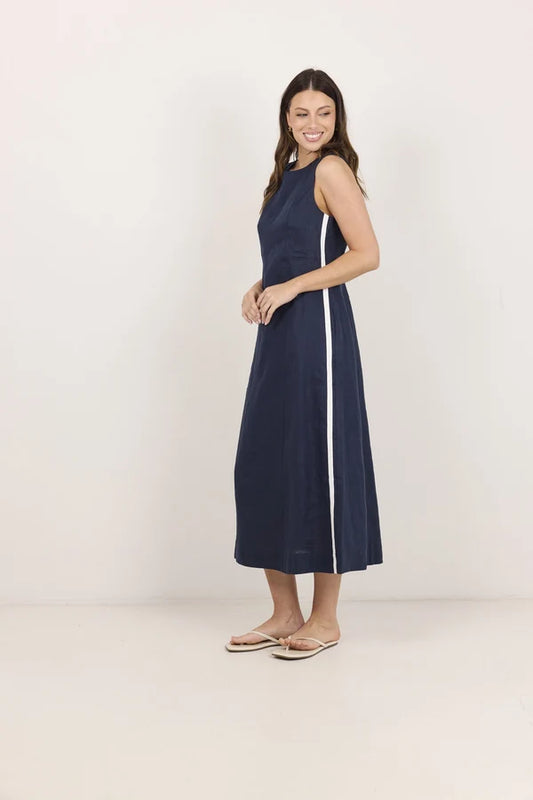 ink coloured linen dress with white stripe down side
