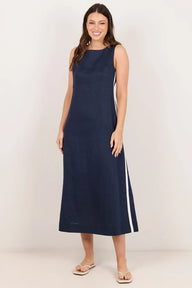 ink coloured linen dress with white stripe down side
