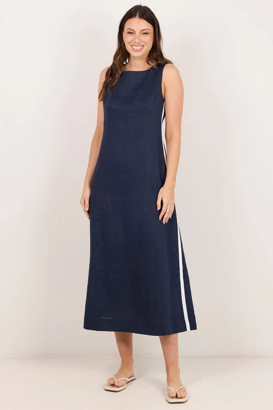ink coloured linen dress with white stripe down side