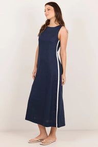 ink coloured linen dress with white stripe down side