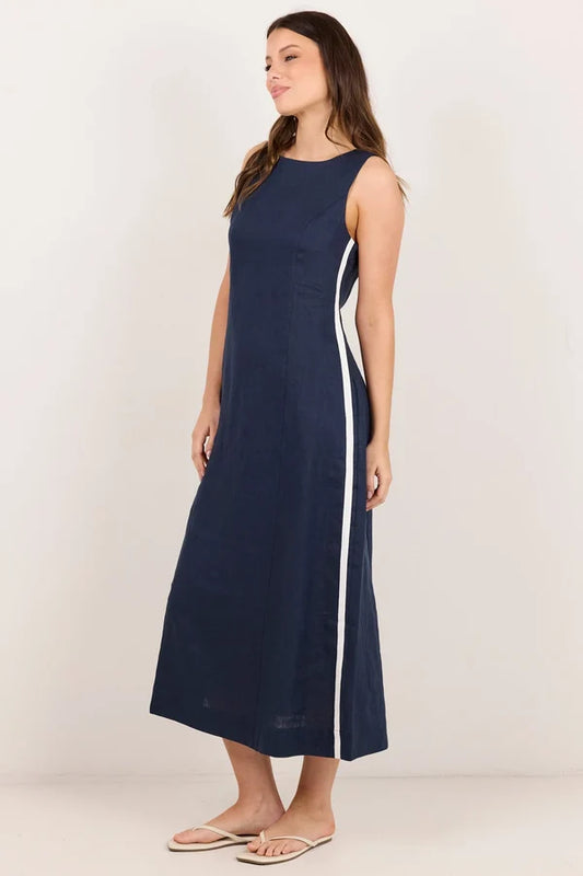 ink coloured linen dress with white stripe down side