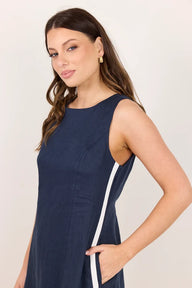 ink coloured linen dress with white stripe down side