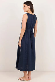 ink coloured linen dress with white stripe down side