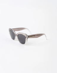 Sunglasses with a clear frame and dark lenses on a white background