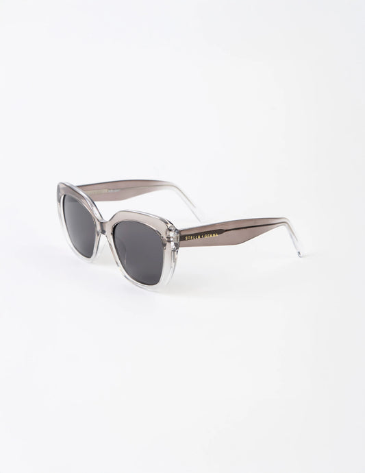 Sunglasses with a clear frame and dark lenses on a white background