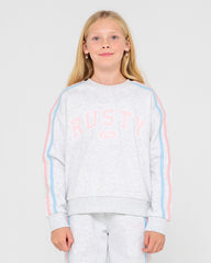 Young girl wearing a gray sweatshirt with colorful stripes on a white background