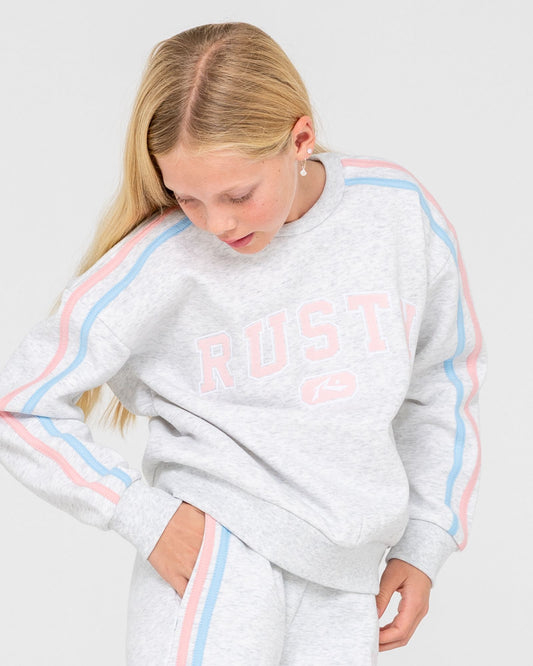 Person wearing a gray sweatshirt with colorful stripes and 'Rusty' branding on a white background