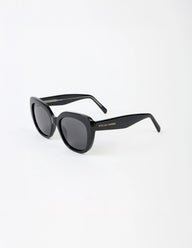 Black sunglasses with a brand logo on a white background
