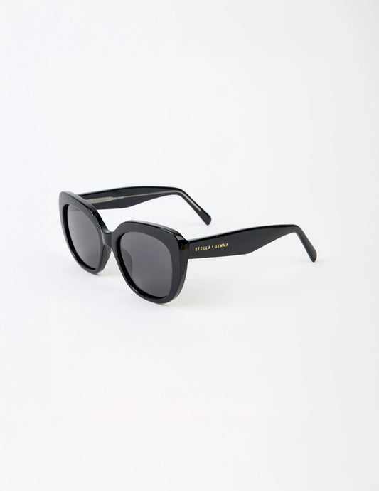Black sunglasses with a brand logo on a white background