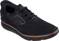 Black athletic shoe with brown accent on a white background