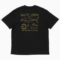 A black short-sleeve t-shirt with a gold graphic print on the back. The print features the text 'SALTY CREW' above a shark diagram, a life preserver, a shark fin, and the phrase 'FIND REFUGE IN THE SEA' below.