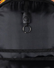 Close-up of a black backpack with a zipper pull