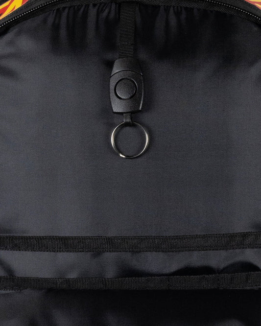 Close-up of a black backpack with a zipper pull