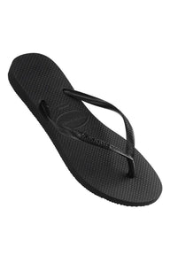 Black sandal with a brand logo on a white background