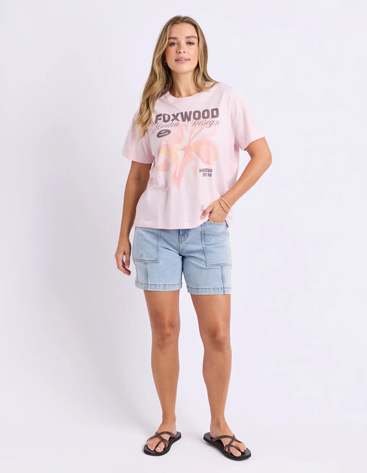 light pink tee with hibiscus print 