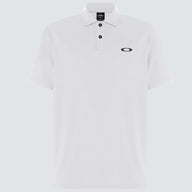 White polo shirt with a black logo on a white background