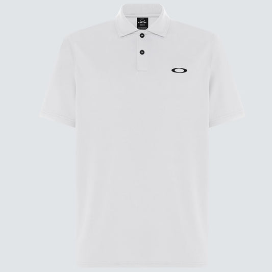 White polo shirt with a black logo on a white background