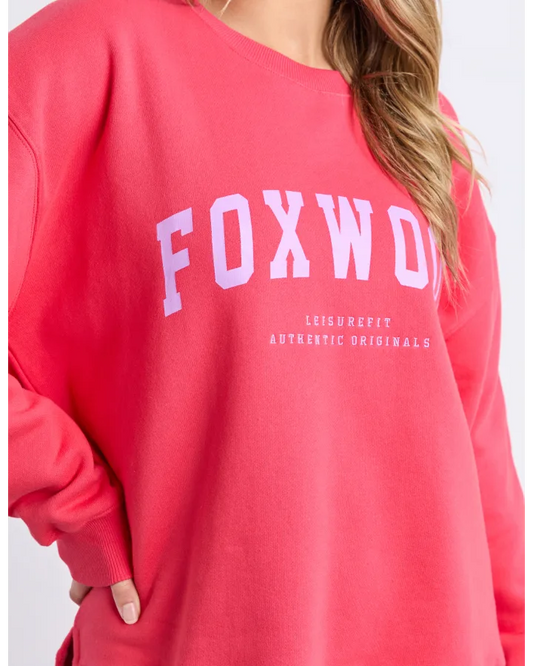 Red sweatshirt with 'FOXWOOD' branding on a white background