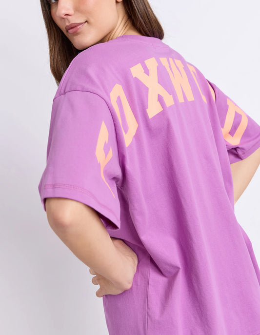 purple tee with orange writing and foxwood logo front and back