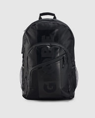 Black backpack with a brand logo on a light gray background