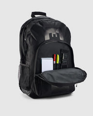 Black backpack with open front pocket on a light gray background
