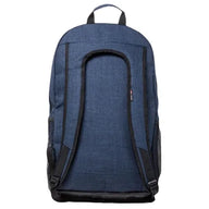 A blue textured fabric backpack shown from the back, featuring black padded shoulder straps, side mesh pockets, and a top carry handle, set against a plain white background.