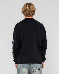 Person wearing a black long-sleeve shirt with branding on a gray background