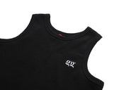 Black sleeveless top with a logo on a white background