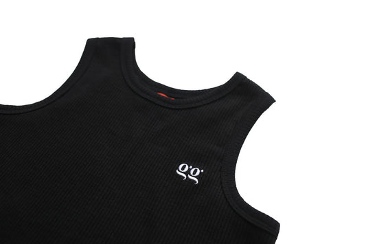 Black sleeveless top with a logo on a white background