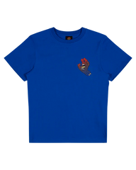 Blue t-shirt with a small graphic on the chest against a white background