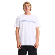 Person wearing a white t-shirt with a blue stripe on a white background
