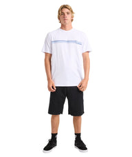 Person wearing a white t-shirt with a blue stripe and black shorts on a white background