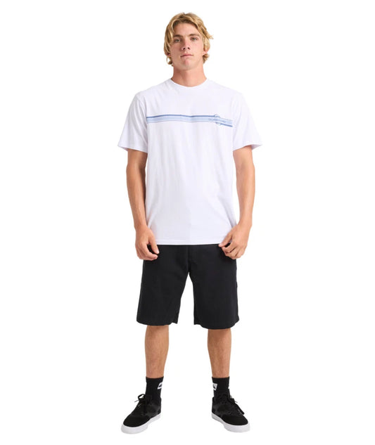 Person wearing a white t-shirt with a blue stripe and black shorts on a white background