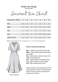 Garment size chart for Lemon Tree Design Madonna Dress with measurements and how-to-measure instructions.