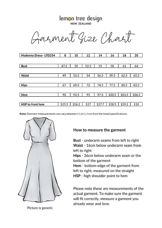 Garment size chart for Lemon Tree Design Madonna Dress with measurements and how-to-measure instructions.