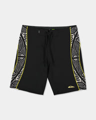 Black boardshort with yellow detail and black and white maori design 