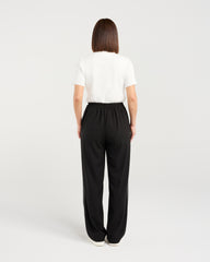 Person wearing black wide-leg pants and a white top on a light gray background