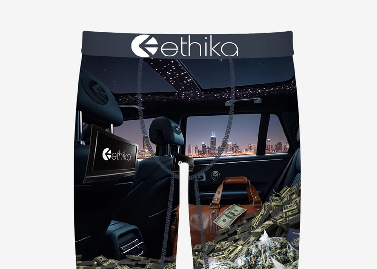 Ethika brand shorts with car interior and money design on a white background