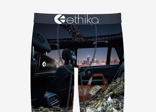 Ethika brand shorts with car interior and money design on a white background