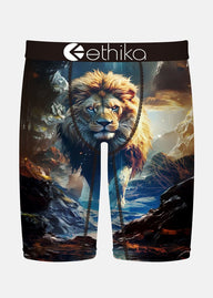 Ethika boxer briefs with a lion design on a white background
