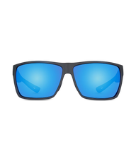 Square sunglasses with a matte black frame and vibrant blue mirrored lenses, shown against a plain white background.
