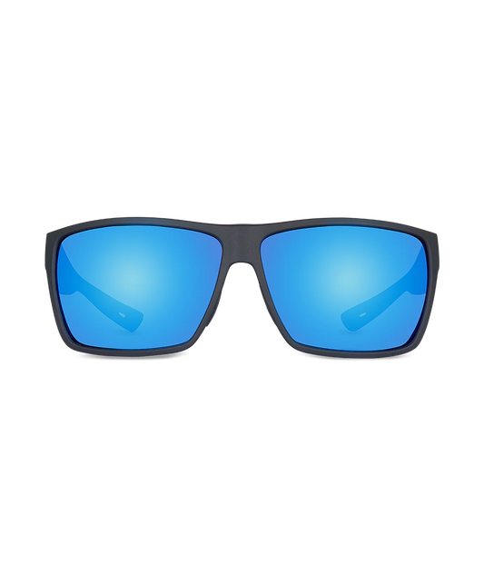 Square sunglasses with a matte black frame and vibrant blue mirrored lenses, shown against a plain white background.