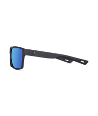 Matte black sunglasses with blue mirrored lenses, shown from a side profile view against a solid white background.