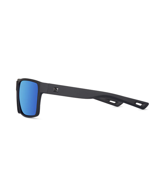 Matte black sunglasses with blue mirrored lenses, shown from a side profile view against a solid white background.