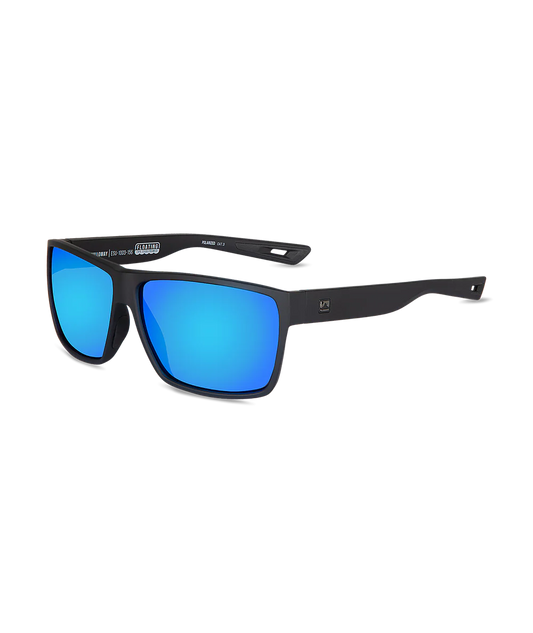 Matte black sunglasses with vibrant blue mirrored lenses, shown at a three-quarter angle on a clean white background.