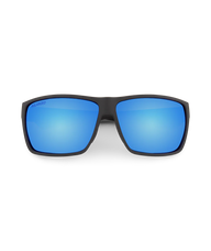 Square sunglasses with a matte black frame and vibrant blue mirrored lenses, shown against a plain white background.