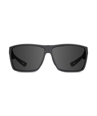 Matte black square sunglasses with dark gray lenses, shown from a front-facing perspective on a solid white background.