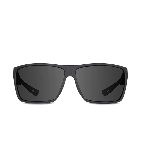 Matte black square sunglasses with dark gray lenses, shown from a front-facing perspective on a solid white background.