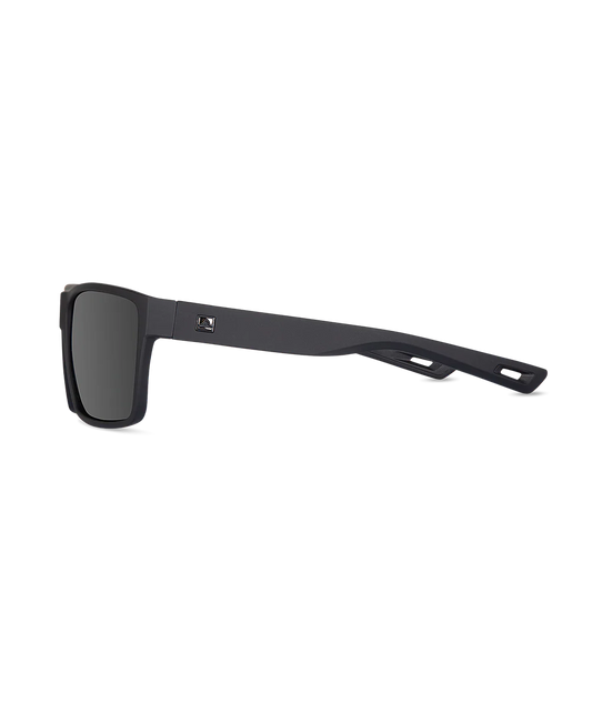 Matte black square sunglasses with dark lenses and a small white logo on the temple, shown from a side profile on a white background.