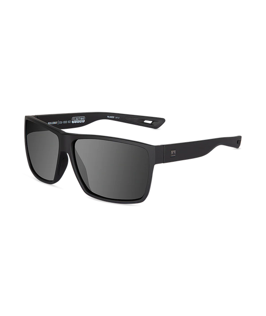 Matte black square sunglasses with dark gray lenses, shown at a three-quarter angle on a plain white background.